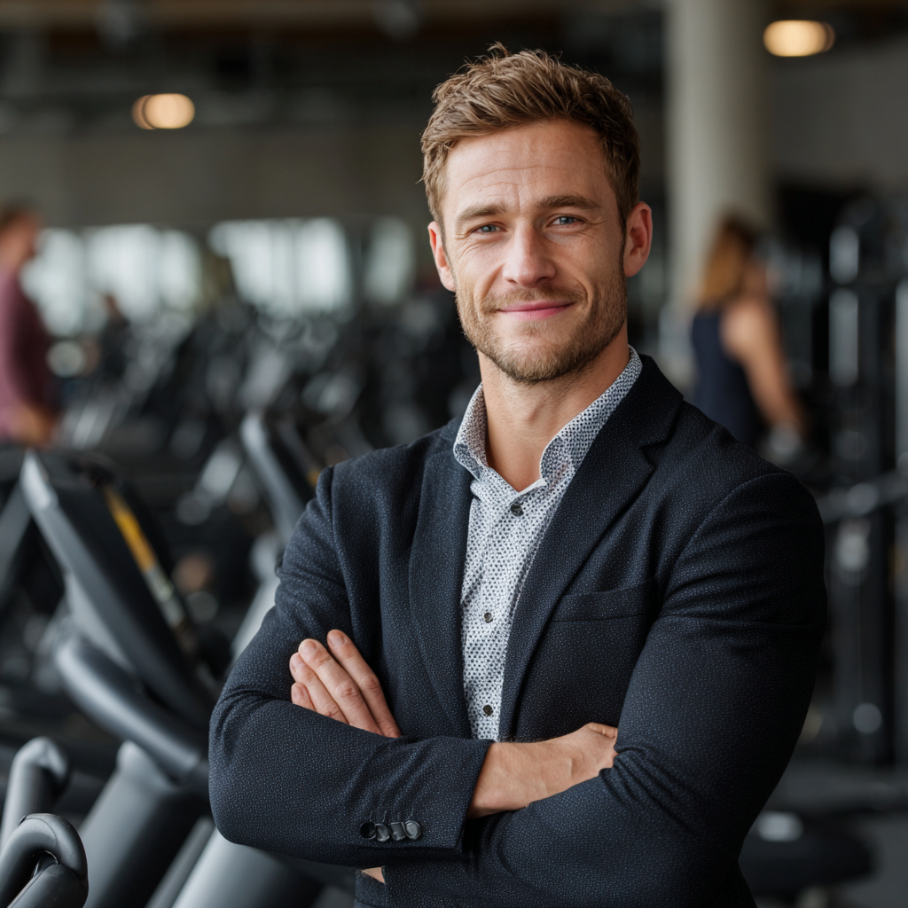 Впевнений чоловік у деловому костюмі посміхається після успішного тренування