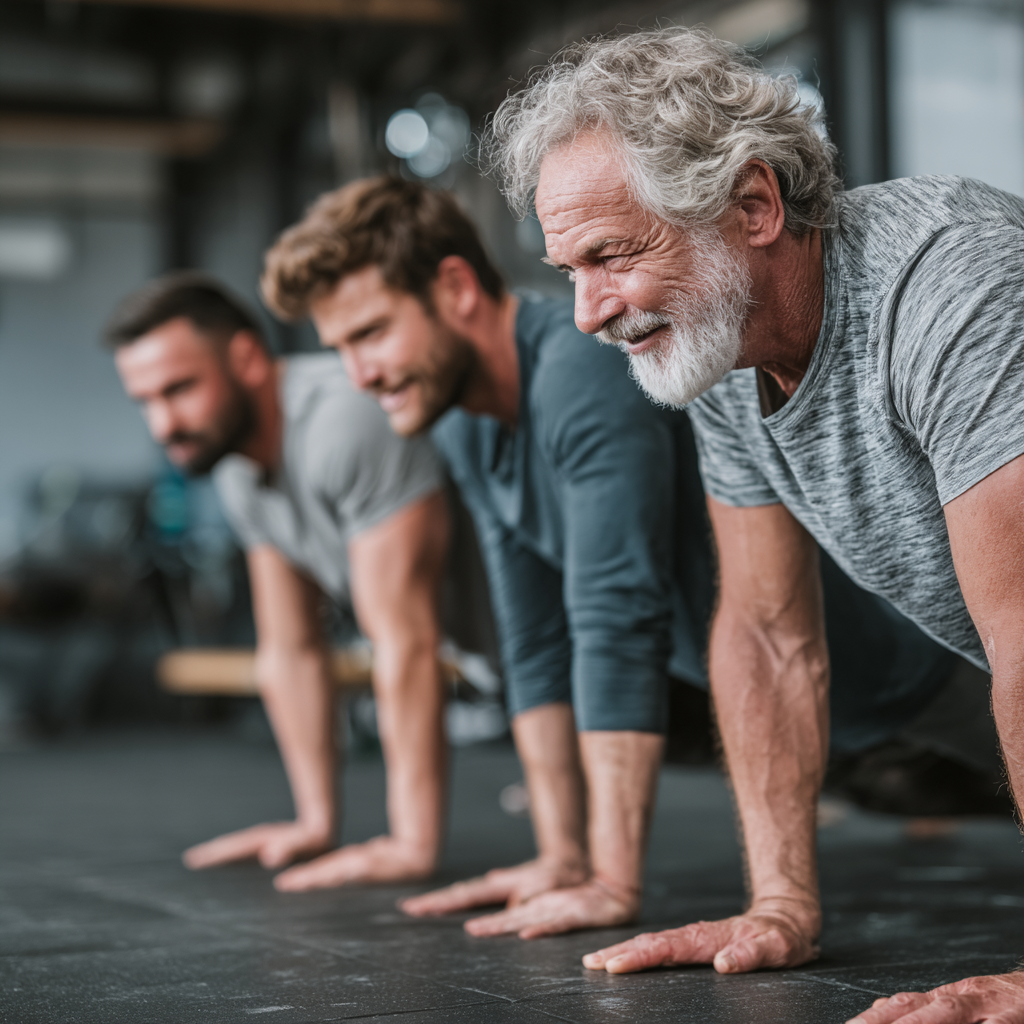 Група чоловіків різного віку разом тренується та підтримує один одного у спортзалі