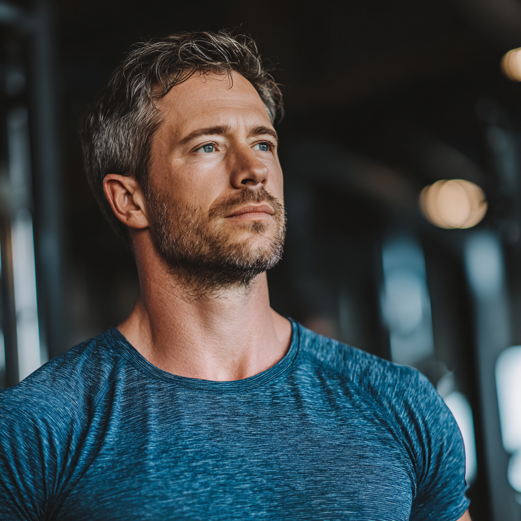 Сильний чоловік у спортзалі виконує силові вправи з впевненим поглядом